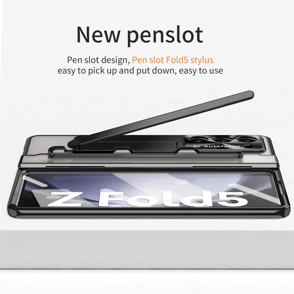 For Samsung Galaxy Z Fold5 5G Kickstand Phone Case PC Folding Cover with Tempered Glass Film+Stylus Pen - Black - 7