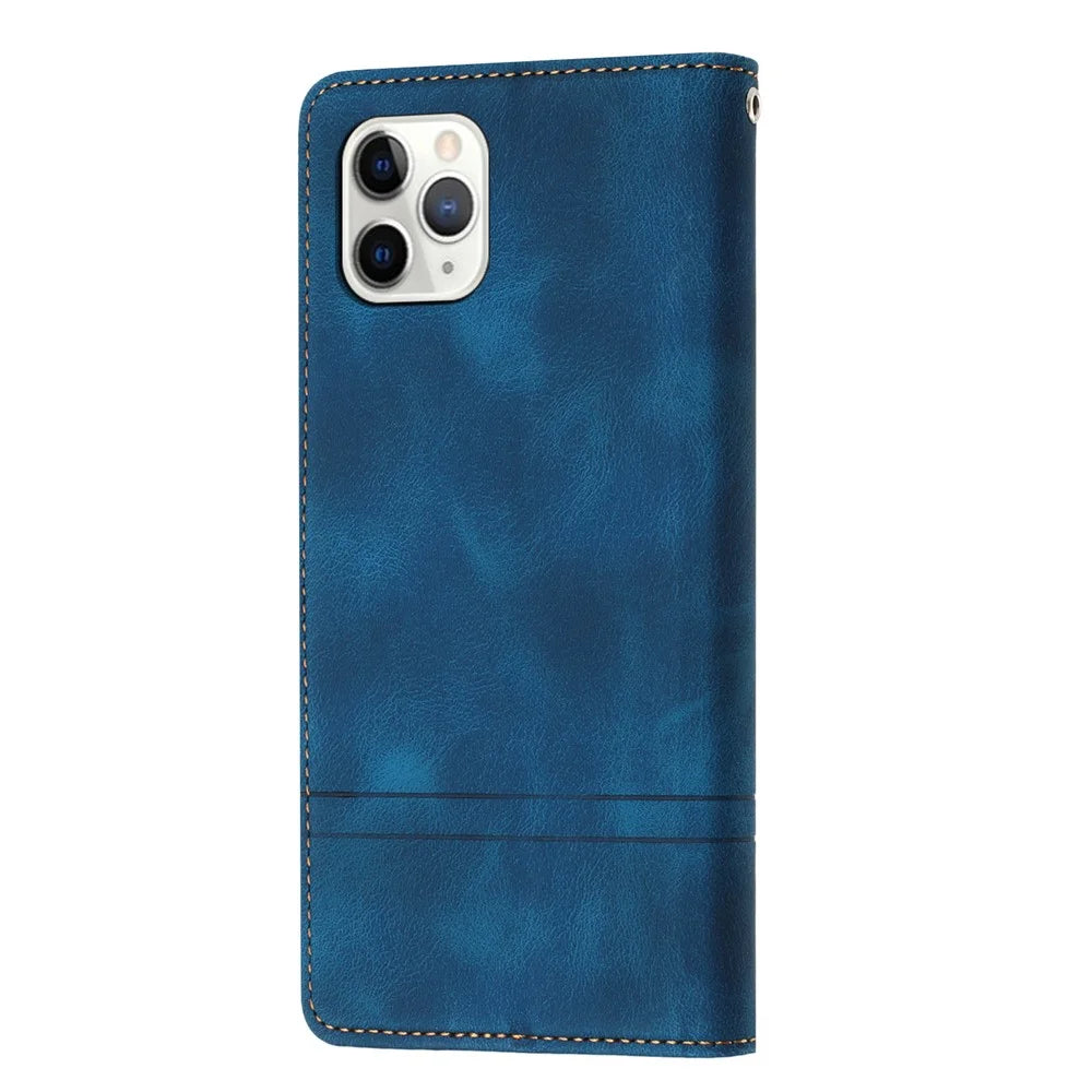 L002 Retro Leather Phone Case for iPhone 11 Pro Lines Imprinted Stand Wallet Anti-fall Cover - Blue - 6