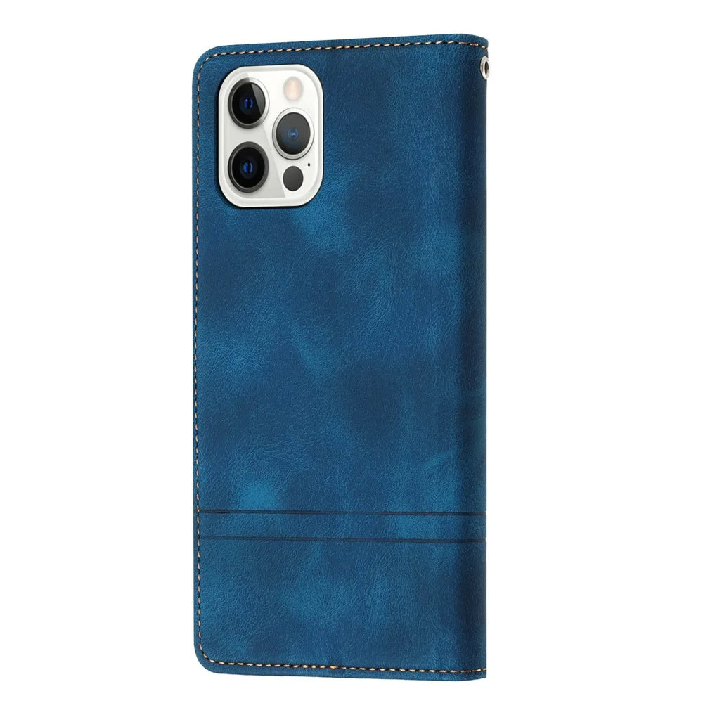 L002 For iPhone 12 / 12 Pro 6.1 inch Retro Lines Imprinted Phone Cover Leather Stand Wallet Case - Blue - 6