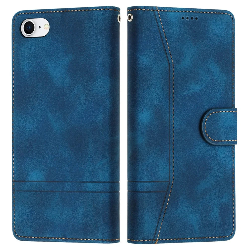 L002 For iPhone 7 / 8 4.7 inch / SE (2022) / SE (2020) Leather Wallet Phone Case Retro Lines Imprinted Stand Cover - Blue - 1