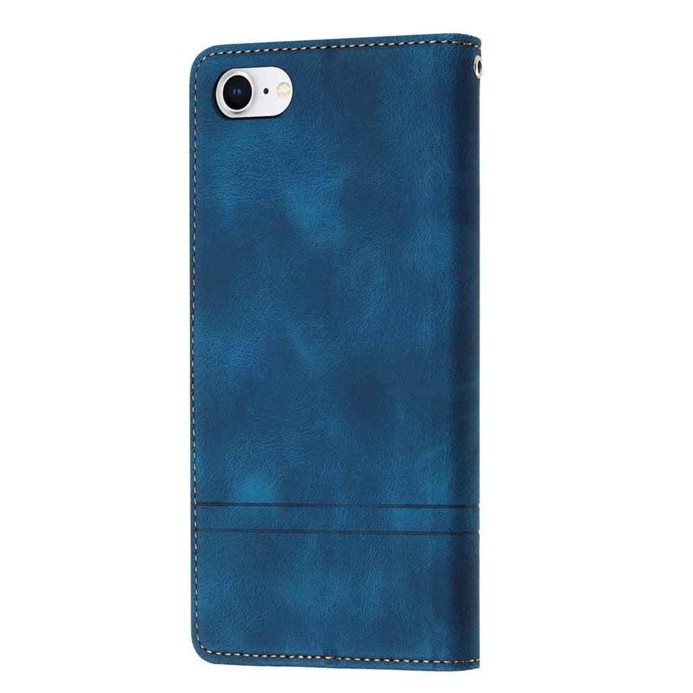 L002 For iPhone 7 / 8 4.7 inch / SE (2022) / SE (2020) Leather Wallet Phone Case Retro Lines Imprinted Stand Cover - Blue - 6