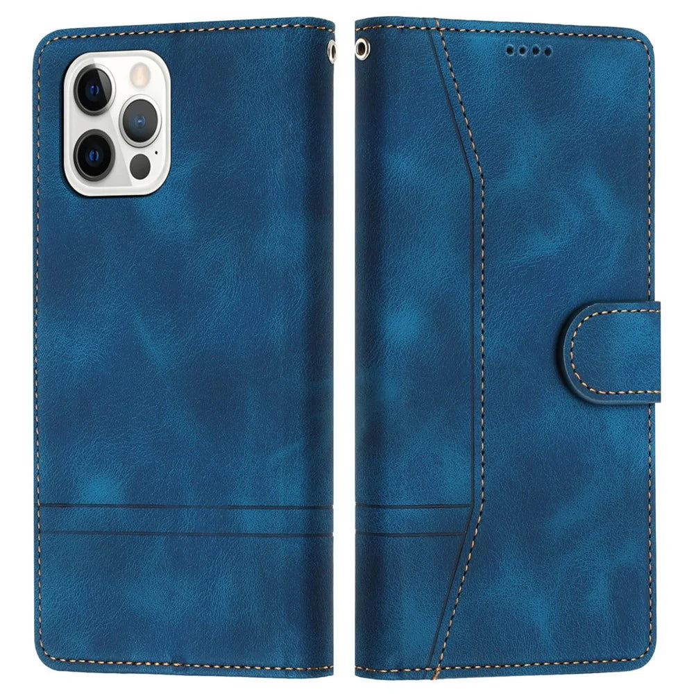 L002 For iPhone 13 Pro Max 6.7 inch Leather Wallet Stand Phone Case Shockproof Lines Imprinted Cover - Blue - 1