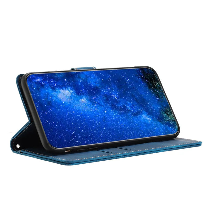 L002 For iPhone 13 Pro Max 6.7 inch Leather Wallet Stand Phone Case Shockproof Lines Imprinted Cover - Blue - 3