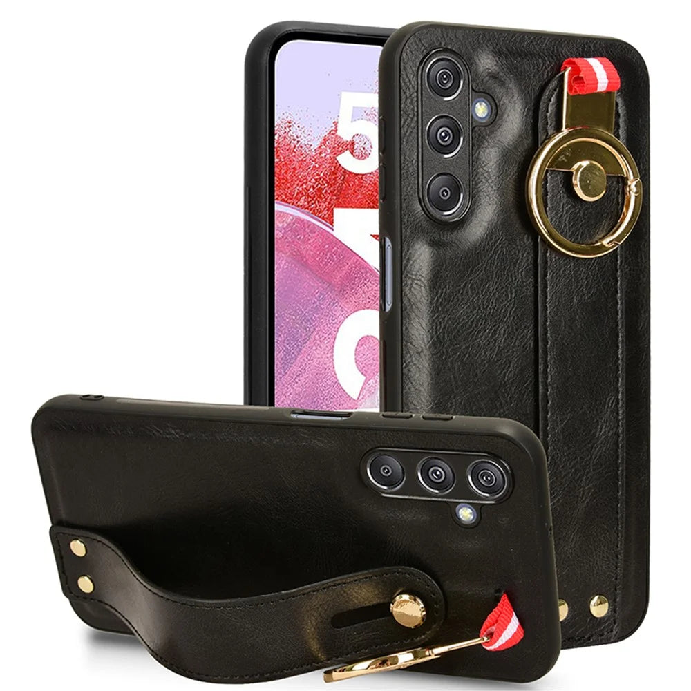 For Samsung Galaxy M34 5G / F34 5G Phone Case Wristband Kickstand Bottle Opener Leather+PC+TPU Cover - Black - 1