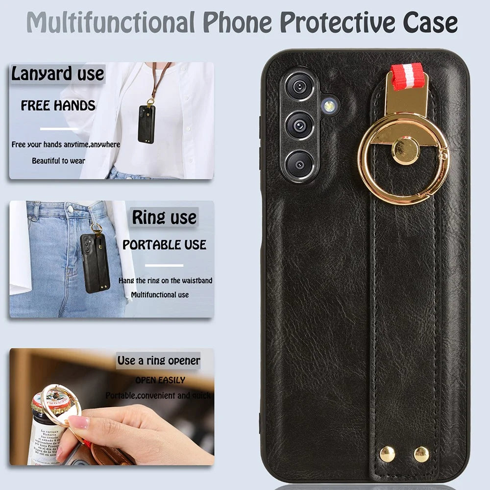 For Samsung Galaxy M34 5G / F34 5G Phone Case Wristband Kickstand Bottle Opener Leather+PC+TPU Cover - Black - 5