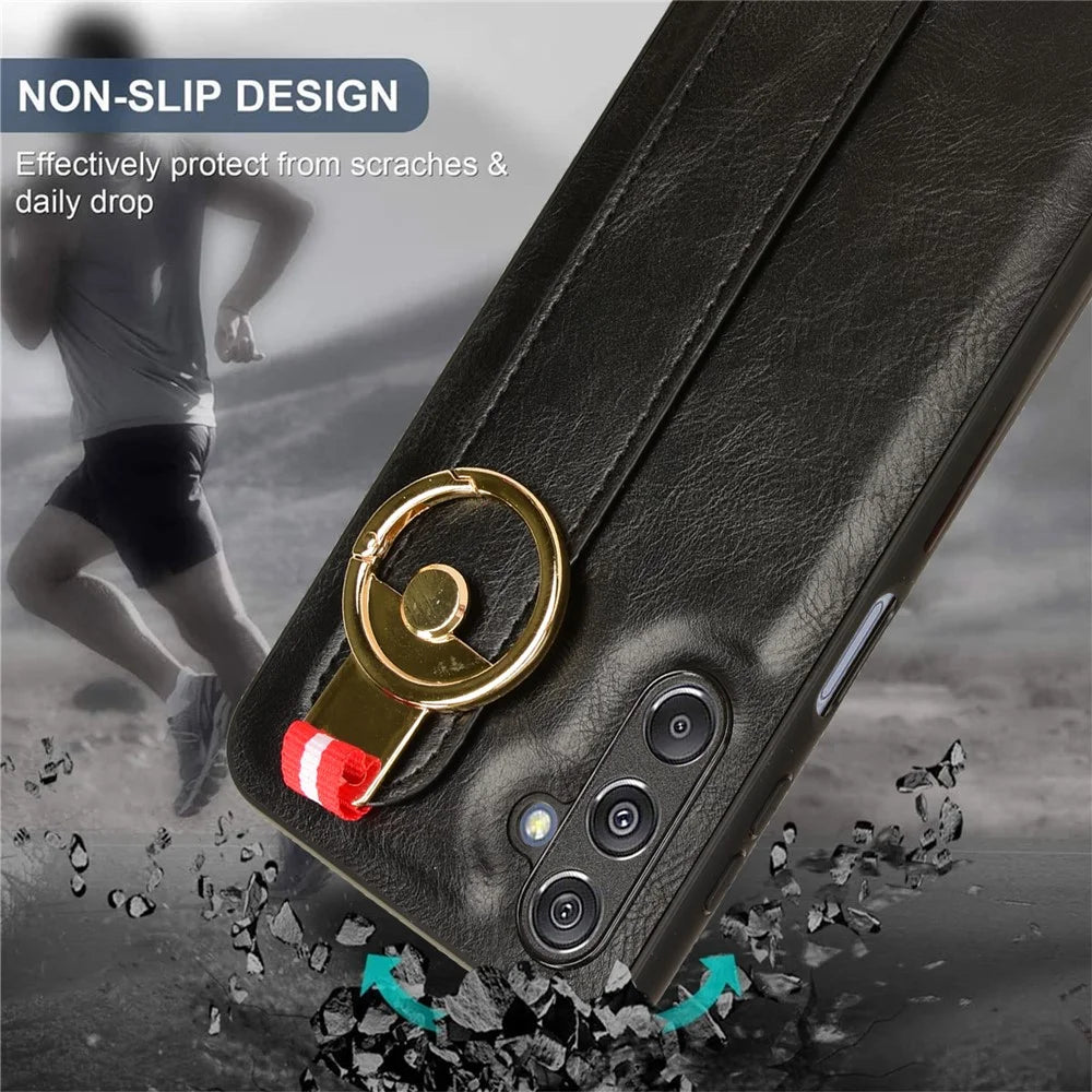 For Samsung Galaxy M34 5G / F34 5G Phone Case Wristband Kickstand Bottle Opener Leather+PC+TPU Cover - Black - 6
