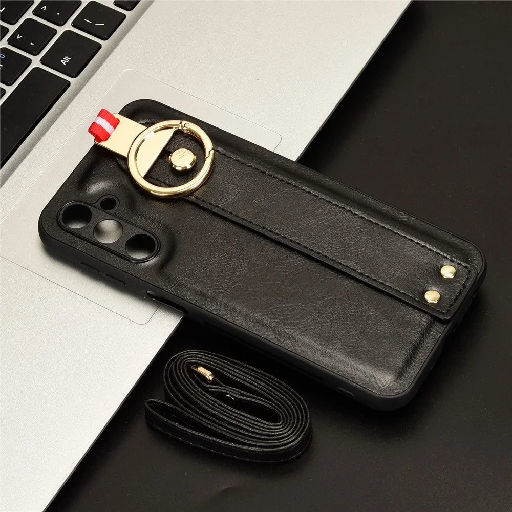For Samsung Galaxy M34 5G / F34 5G Phone Case Wristband Kickstand Bottle Opener Leather+PC+TPU Cover - Black - 7