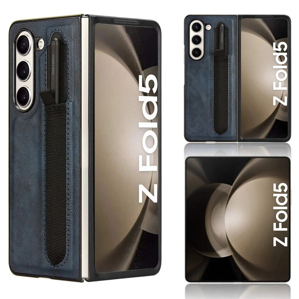For Samsung Galaxy Z Fold5 5G Retro Texture Phone Cover PU Leather+PC Phone Case with Pen Slot - Blue - 1