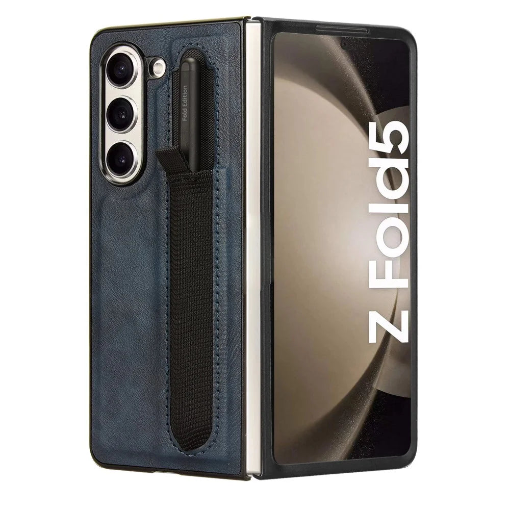 For Samsung Galaxy Z Fold5 5G Retro Texture Phone Cover PU Leather+PC Phone Case with Pen Slot - Blue - 3