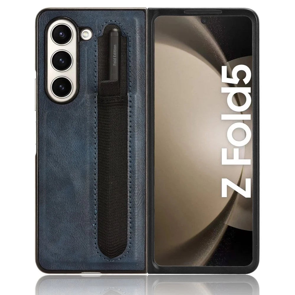For Samsung Galaxy Z Fold5 5G Retro Texture Phone Cover PU Leather+PC Phone Case with Pen Slot - Blue - 4