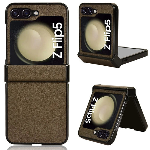 For Samsung Galaxy Z Flip5 5G PU Leather Coated PC Phone Case Hinge Protection Sand-like Texture Cover - Brown - 1