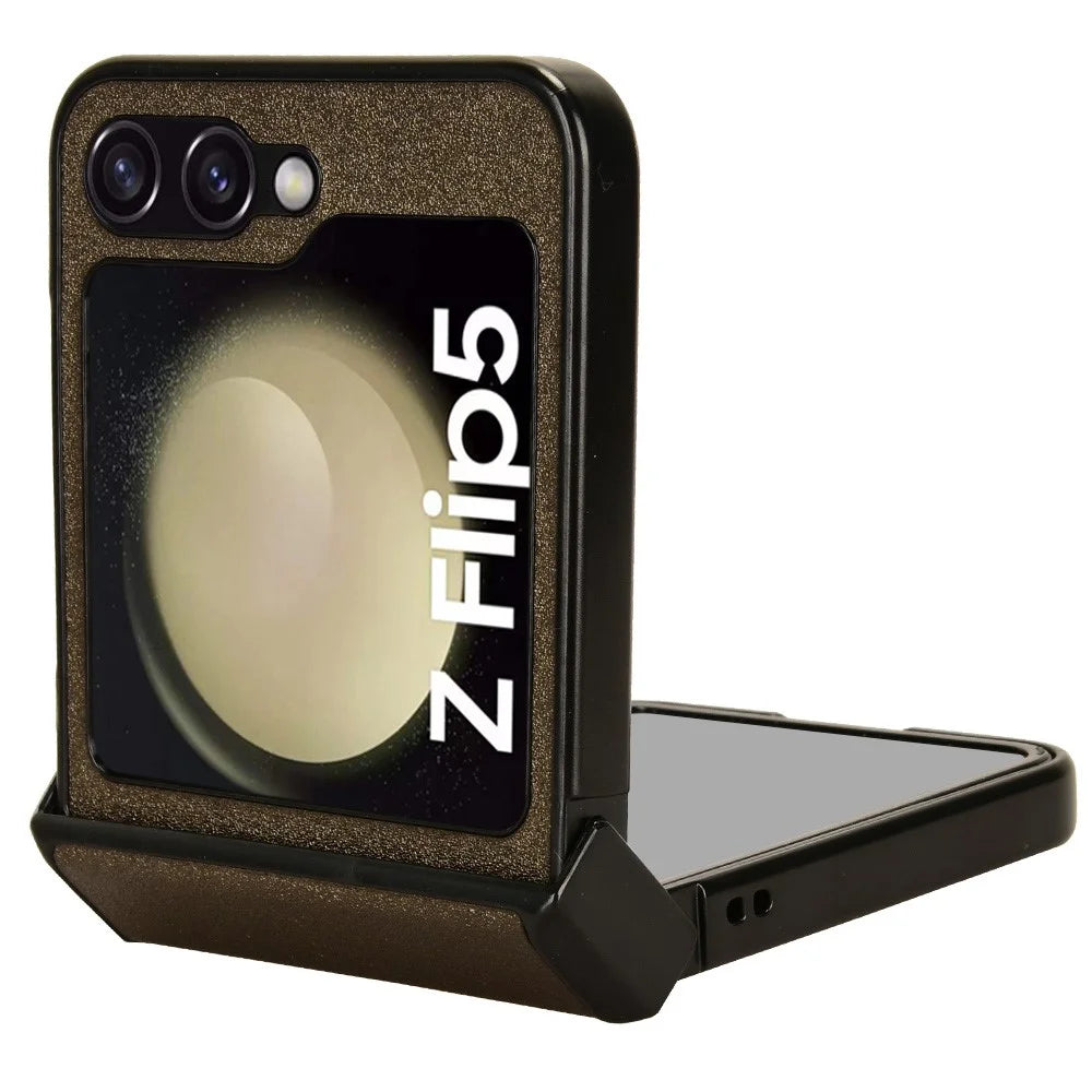 For Samsung Galaxy Z Flip5 5G PU Leather Coated PC Phone Case Hinge Protection Sand-like Texture Cover - Brown - 3