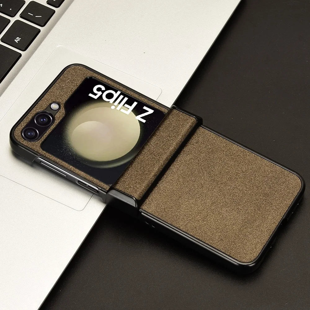 For Samsung Galaxy Z Flip5 5G PU Leather Coated PC Phone Case Hinge Protection Sand-like Texture Cover - Brown - 6
