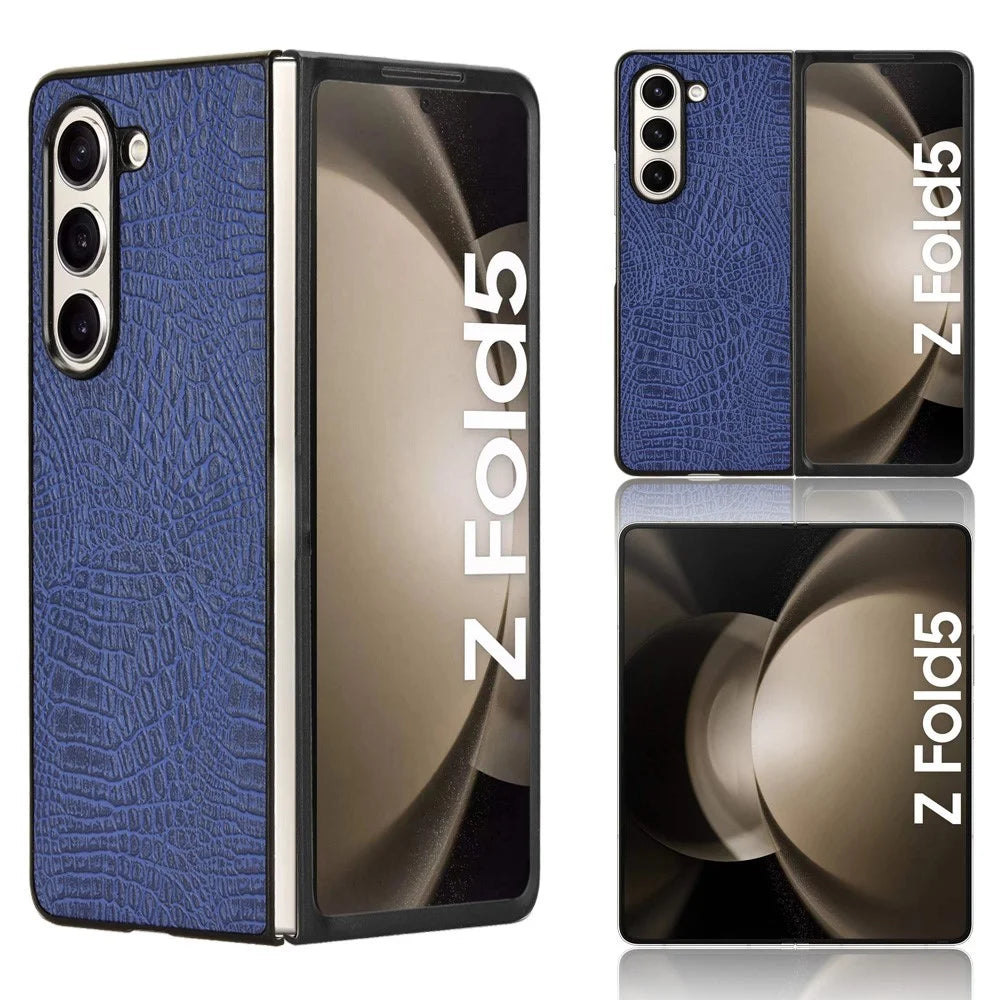 For Samsung Galaxy Z Fold5 5G Mobile Phone Cover Crocodile Texture PU Leather+PC Phone Case - Blue - 1
