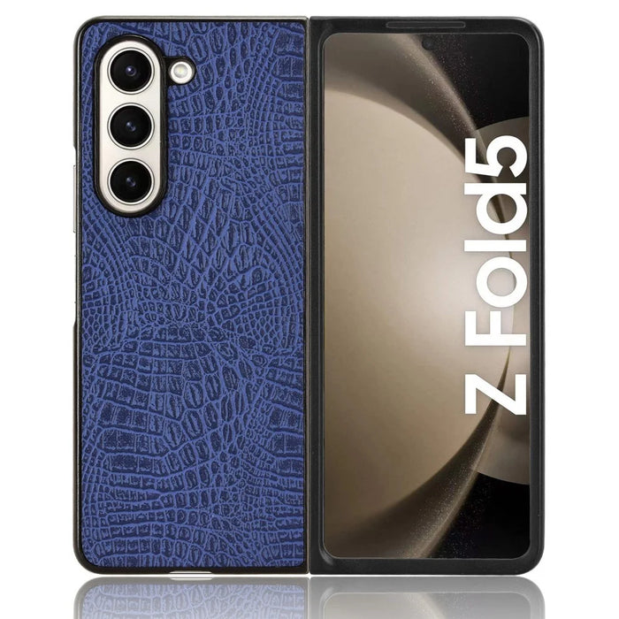 For Samsung Galaxy Z Fold5 5G Mobile Phone Cover Crocodile Texture PU Leather+PC Phone Case - Blue - 4