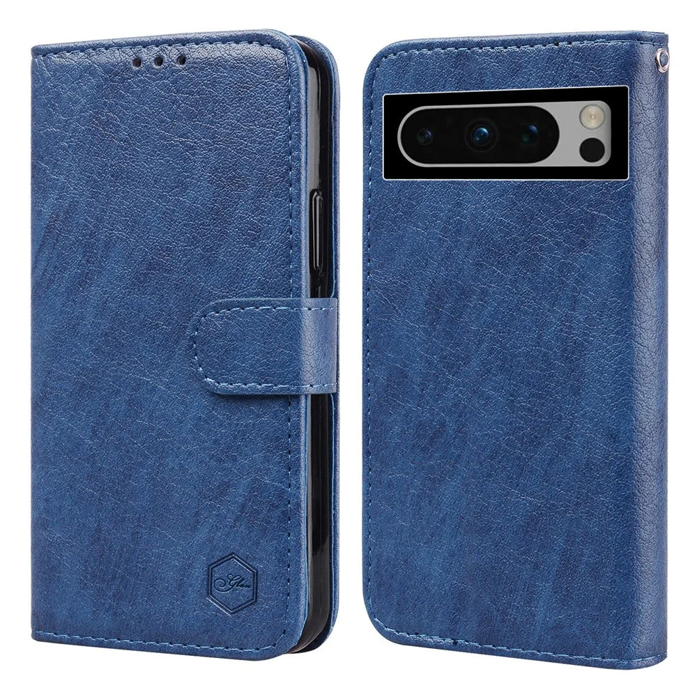 For Google Pixel 8 Pro Solid Color PU Leather Wallet Case Well-protected Cell Phone Stand Cover - Dark Blue - 1