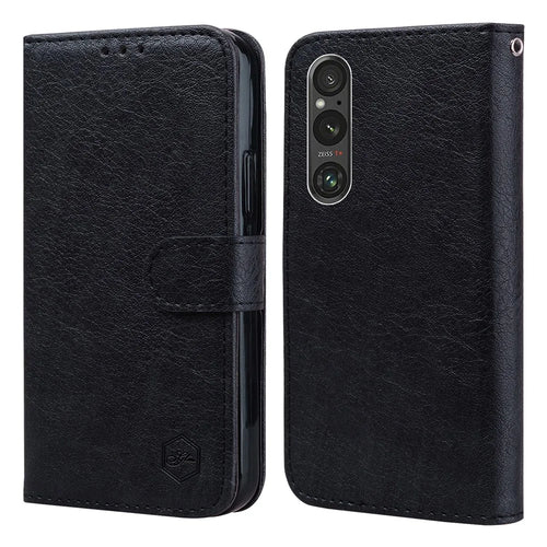 For Sony Xperia 1 V Solid Color PU Leather Wallet Case Book Style Cell Phone Stand Cover - Black - 1
