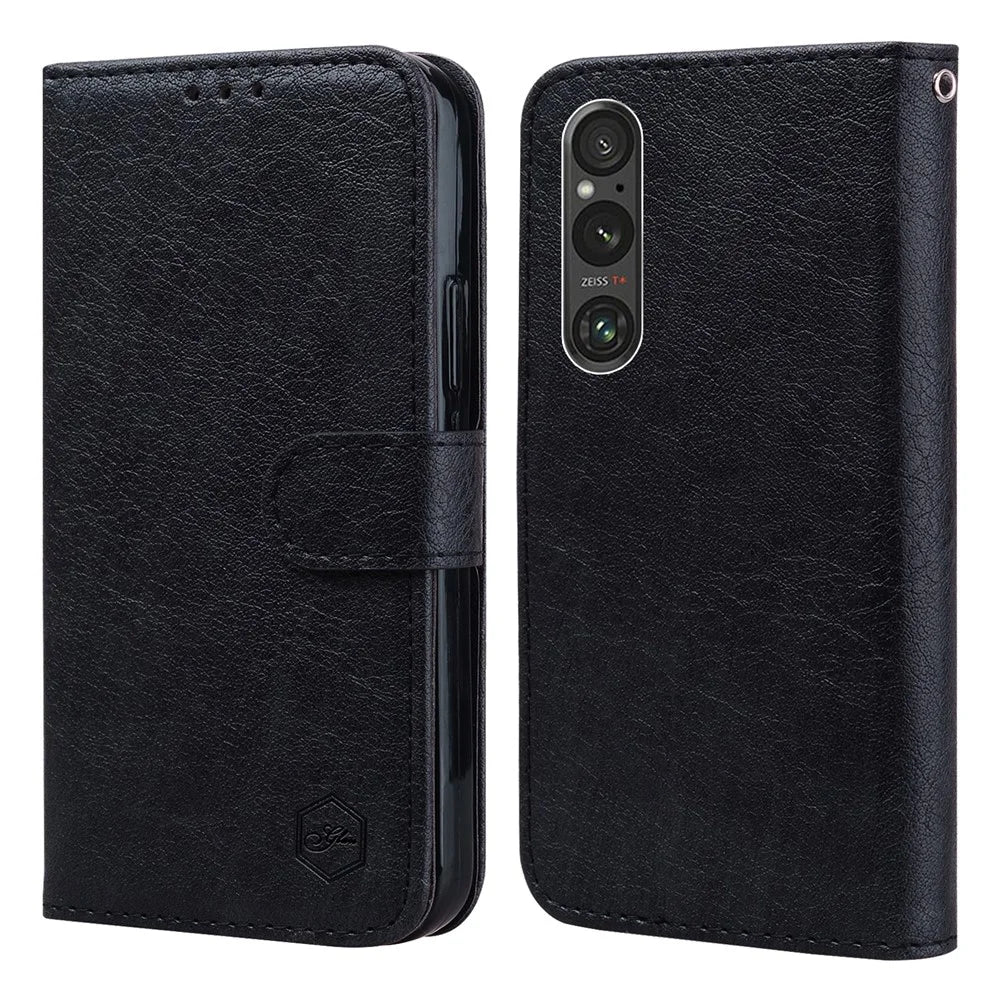 For Sony Xperia 1 V Solid Color PU Leather Wallet Case Book Style Cell Phone Stand Cover - Black - 1