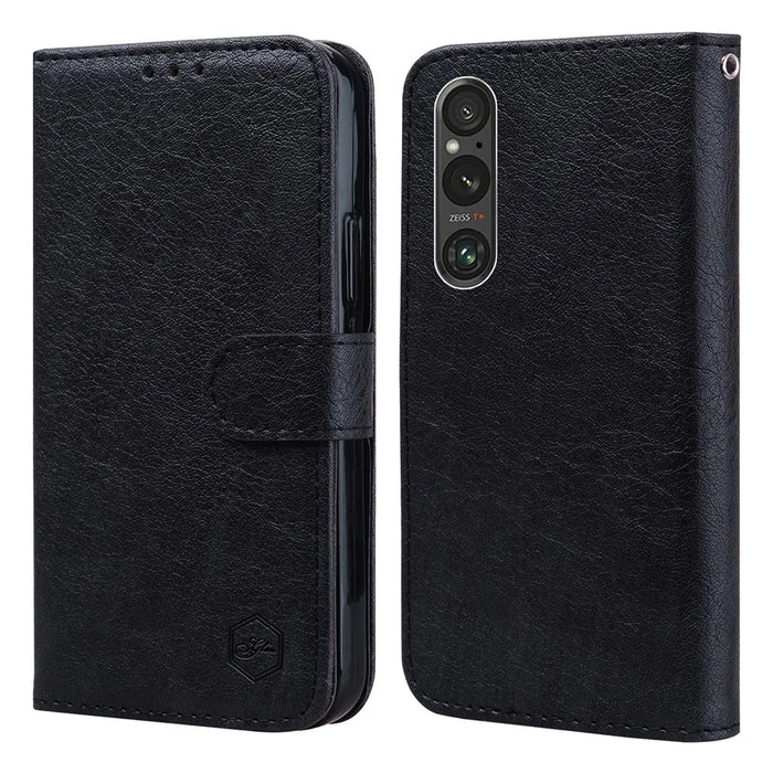 For Sony Xperia 1 V Solid Color PU Leather Wallet Case Book Style Cell Phone Stand Cover - Black - 1