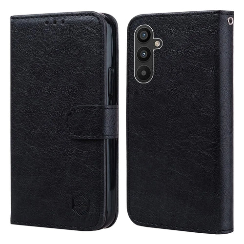 For Samsung Galaxy A34 5G Full Protection Solid Color PU Leather Wallet Case Cell Phone Stand Cover - Black - 1