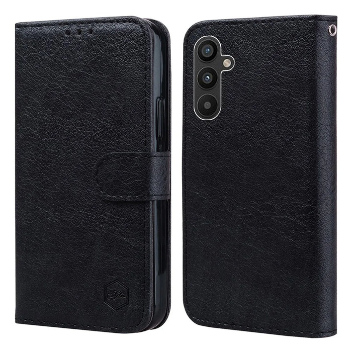 For Samsung Galaxy A34 5G Full Protection Solid Color PU Leather Wallet Case Cell Phone Stand Cover - Black - 1