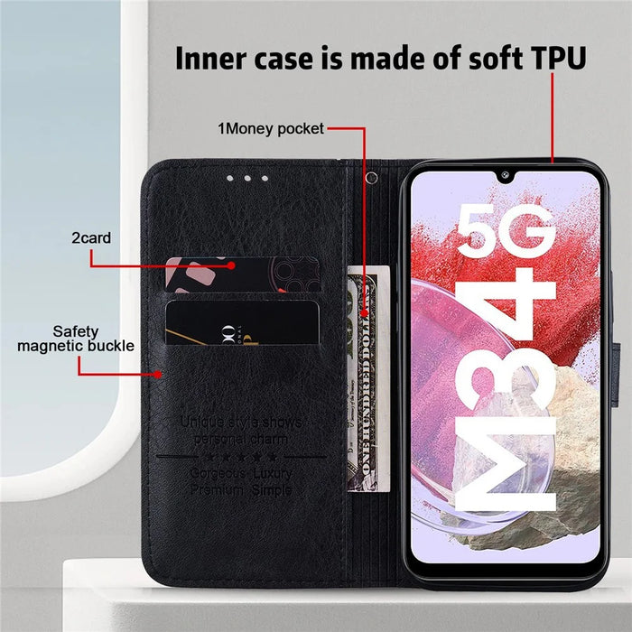 For Samsung Galaxy A34 5G Full Protection Solid Color PU Leather Wallet Case Cell Phone Stand Cover - Black - 2