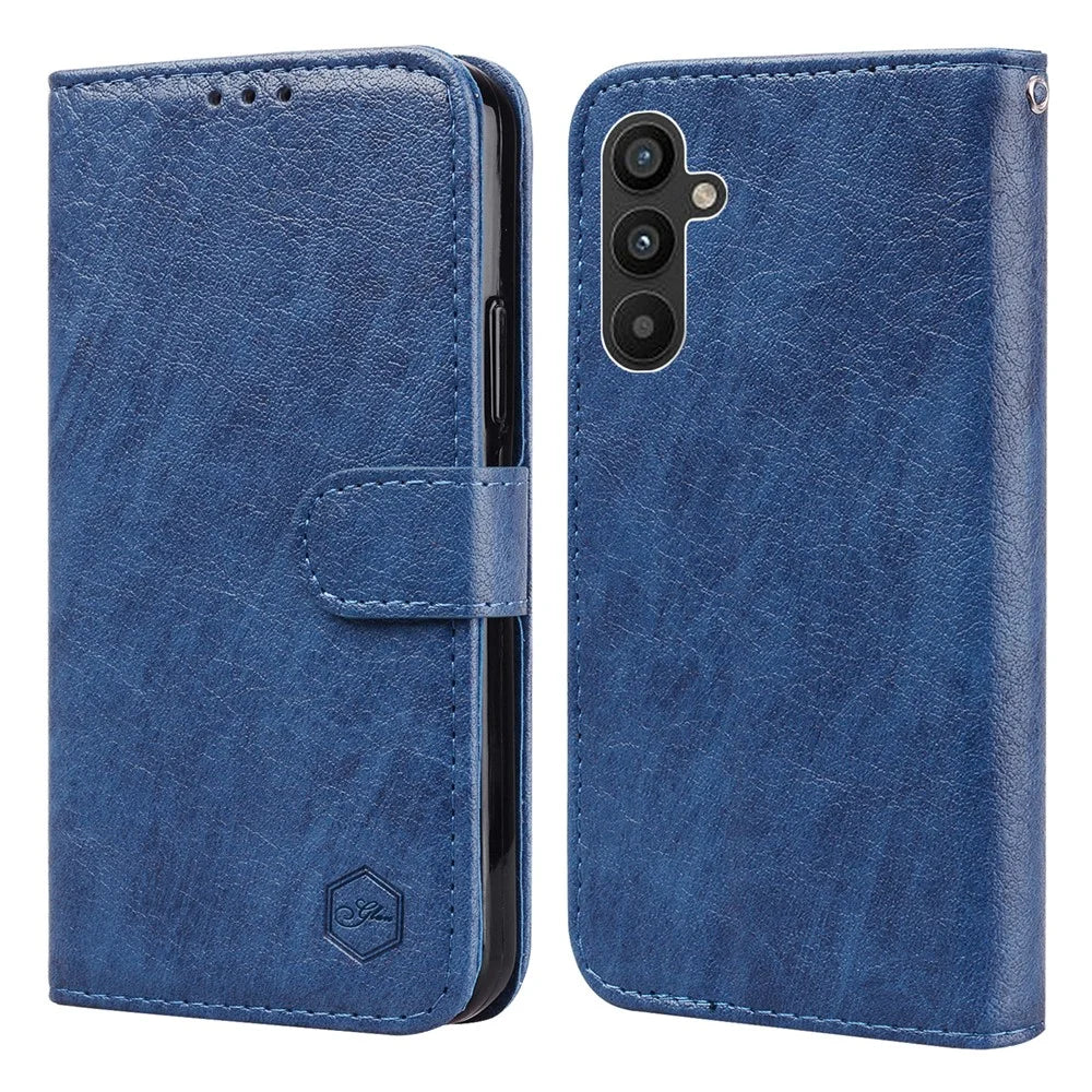 For Samsung Galaxy A14 5G / A14 4G Solid Color PU Leather Stand Wallet Case Cell Phone Flip Cover - Dark Blue - 1