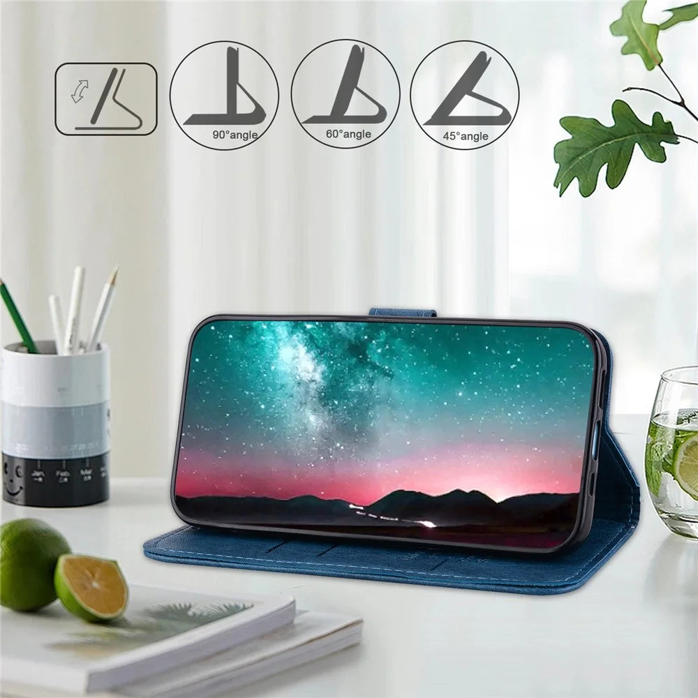 For Samsung Galaxy A14 5G / A14 4G Solid Color PU Leather Stand Wallet Case Cell Phone Flip Cover - Dark Blue - 3