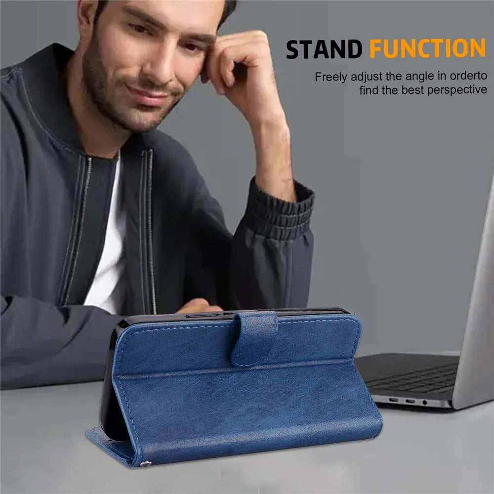For Samsung Galaxy A14 5G / A14 4G Solid Color PU Leather Stand Wallet Case Cell Phone Flip Cover - Dark Blue - 5