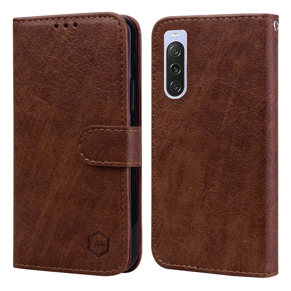 For Sony Xperia 10 V Solid Color PU Leather Wallet Case Folio Flip Cell Phone Stand Cover - Brown - 1