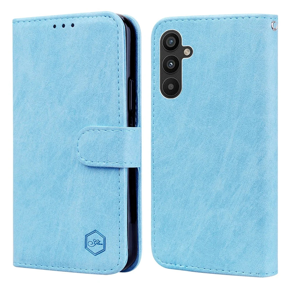 For Samsung Galaxy A54 5G Fall Protection Solid Color PU Leather Wallet Case Cell Phone Stand Cover - Baby Blue - 1