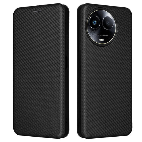 For Realme 11x 5G / 11 5G (Global) Carbon Fiber Texture Phone Case Card Holder Leather Stand Cell Phone Cover - Black - 1