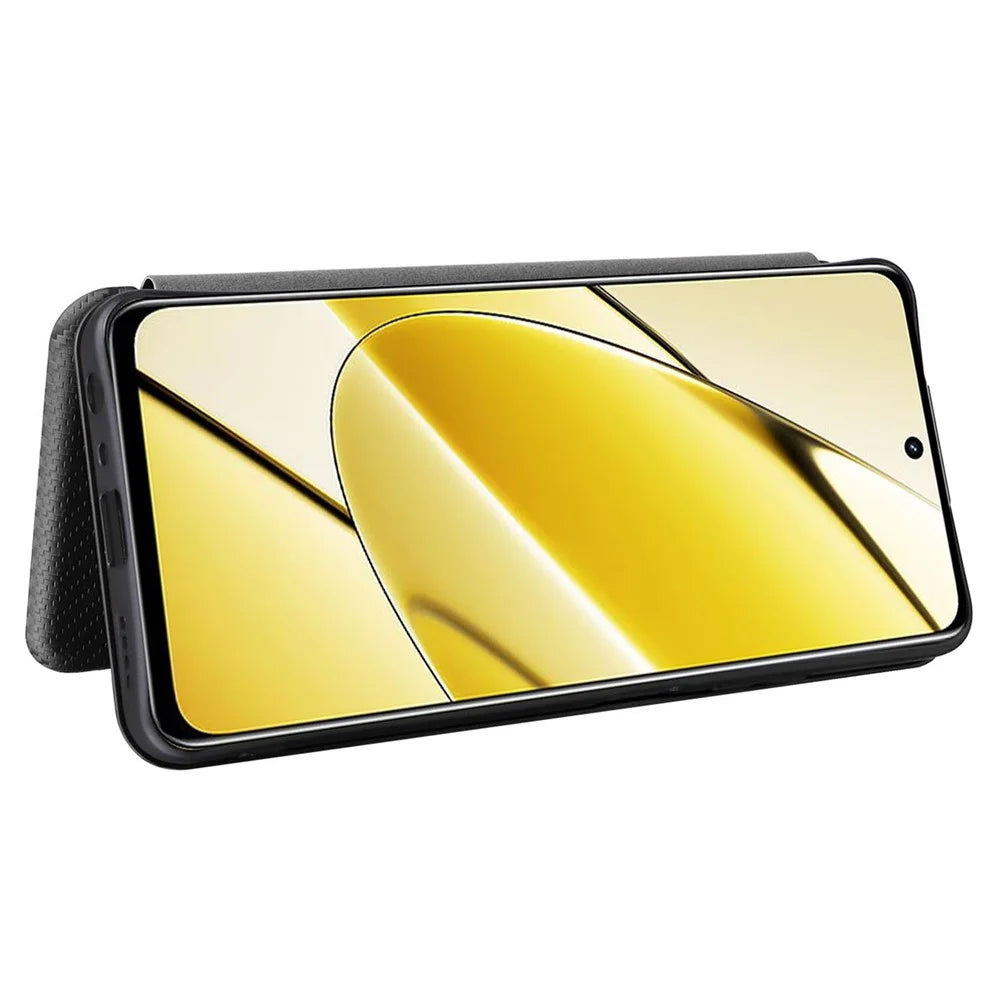 For Realme 11x 5G / 11 5G (Global) Carbon Fiber Texture Phone Case Card Holder Leather Stand Cell Phone Cover - Black - 3