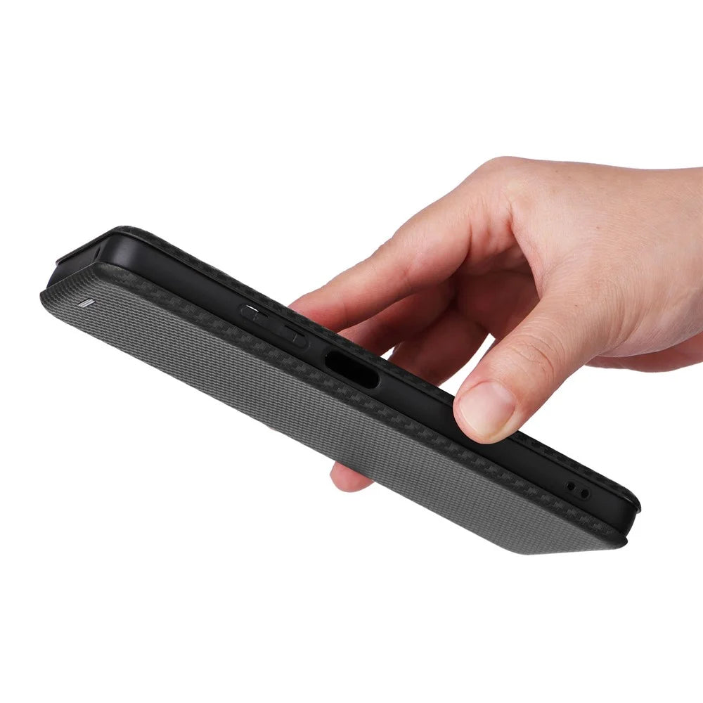 For Realme 11x 5G / 11 5G (Global) Carbon Fiber Texture Phone Case Card Holder Leather Stand Cell Phone Cover - Black - 6