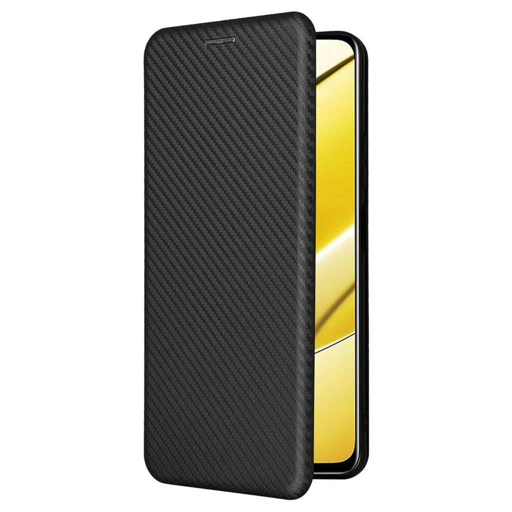 For Realme 11x 5G / 11 5G (Global) Carbon Fiber Texture Phone Case Card Holder Leather Stand Cell Phone Cover - Black - 7