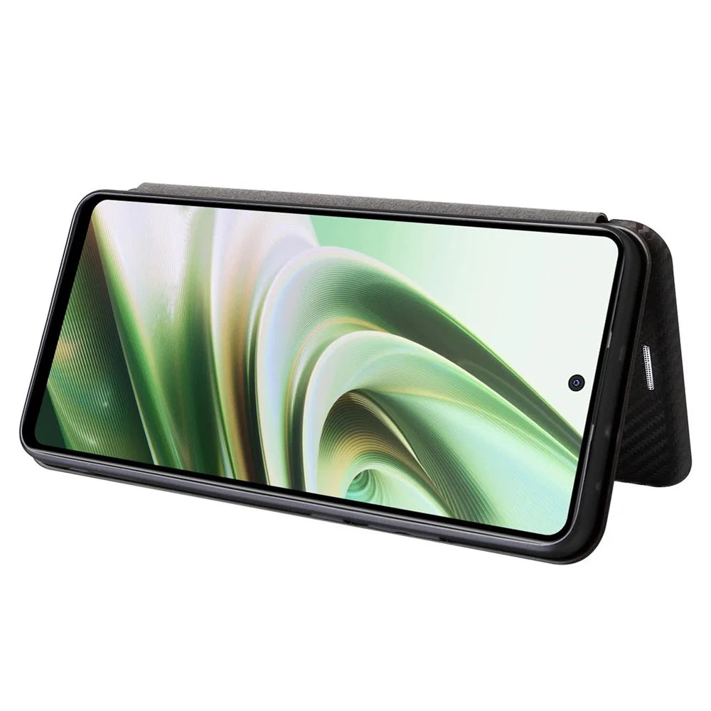 For OnePlus Nord CE3 5G Mobile Phone Case Card Holder Leather Stand Carbon Fiber Texture Cover - Black - 3