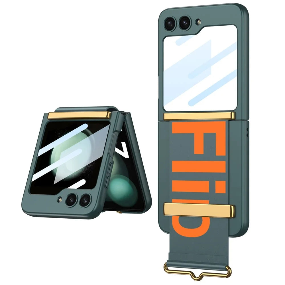 GKK For Samsung Galaxy Z Flip5 5G PC Ultra-Thin Case Wrist Band Kickstand Phone Cover with Tempered Glass Small Screen Film - Green - 1
