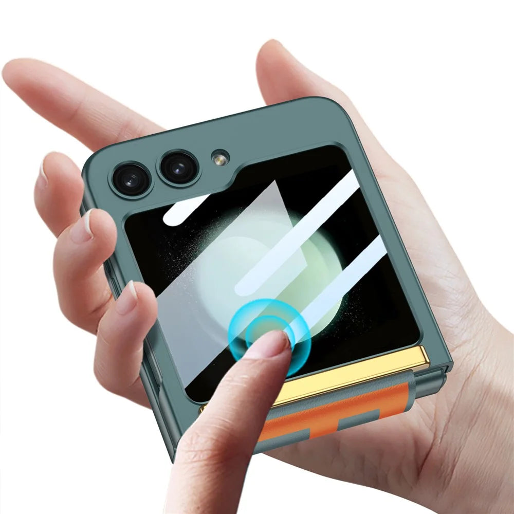 GKK For Samsung Galaxy Z Flip5 5G PC Ultra-Thin Case Wrist Band Kickstand Phone Cover with Tempered Glass Small Screen Film - Green - 3