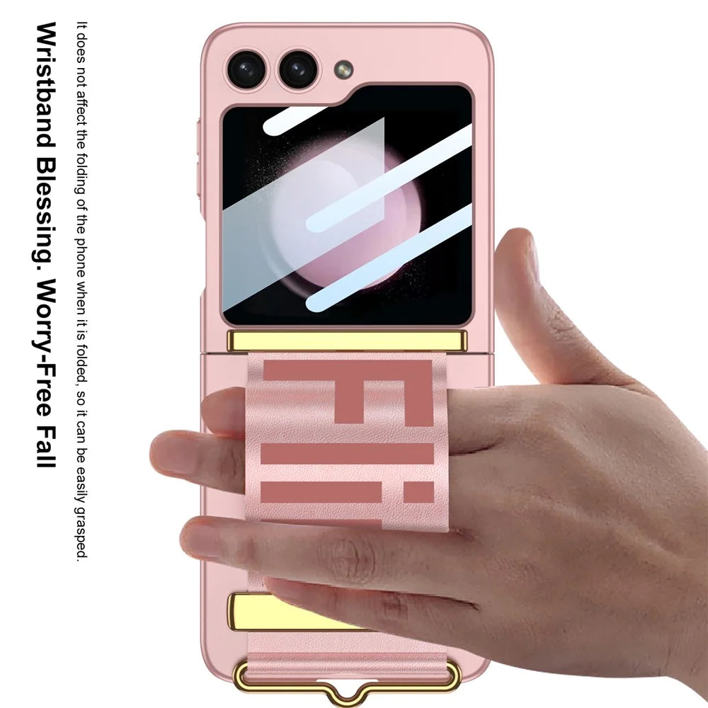 GKK For Samsung Galaxy Z Flip5 5G PC Ultra-Thin Case Wrist Band Kickstand Phone Cover with Tempered Glass Small Screen Film - Green - 5