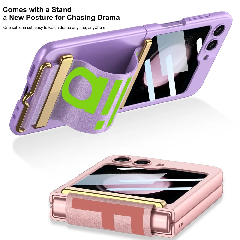 GKK For Samsung Galaxy Z Flip5 5G PC Ultra-Thin Case Wrist Band Kickstand Phone Cover with Tempered Glass Small Screen Film - Green - 7