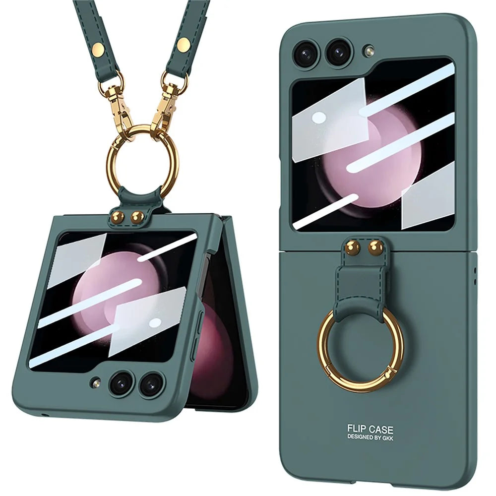 GKK For Samsung Galaxy Z Flip5 5G Ring Kickstand Cover Hard PC Phone Case with Small Screen Film and Shoulder Strap - Green - 1
