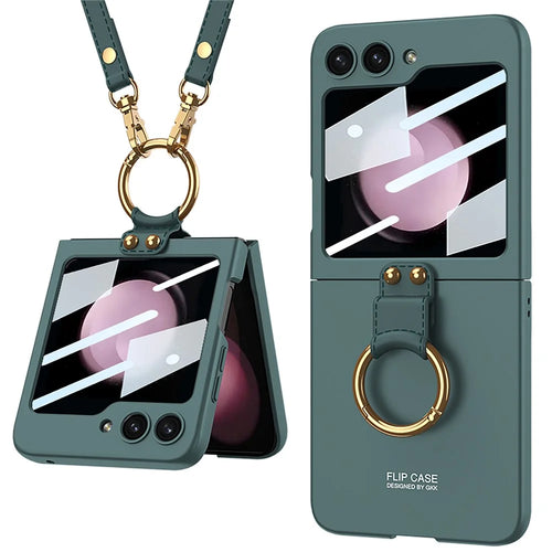 GKK For Samsung Galaxy Z Flip5 5G Ring Kickstand Cover Hard PC Phone Case with Small Screen Film and Shoulder Strap - Green - 1