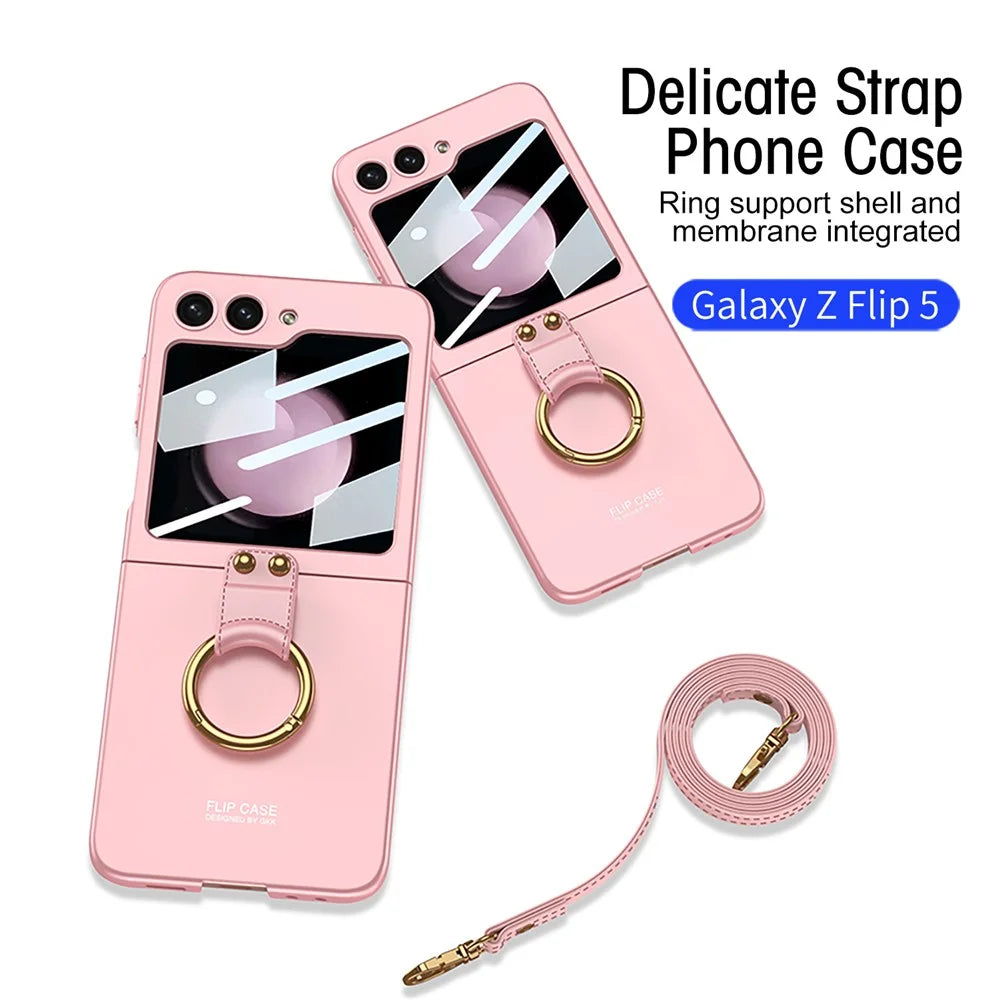 GKK For Samsung Galaxy Z Flip5 5G Ring Kickstand Cover Hard PC Phone Case with Small Screen Film and Shoulder Strap - Green - 4