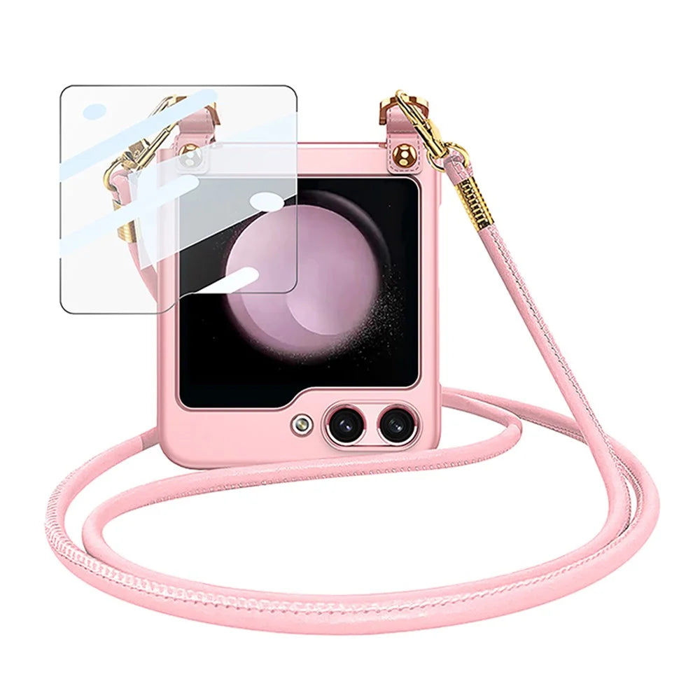GKK For Samsung Galaxy Z Flip5 5G Hard PC Back Case Slim Protective Phone Cover with Tempered Glass Small Screen Film and Shoulder Strap - Pink - 1
