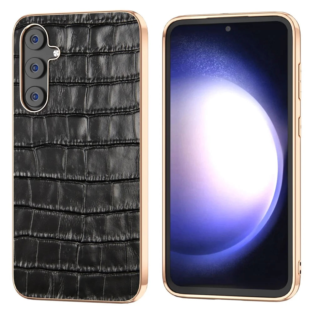 For Samsung Galaxy S23 FE Crocodile Texture Back Cover Anti-drop Genuine Cow Leather+PC+TPU Nano Electroplating Phone Case - Black - 1