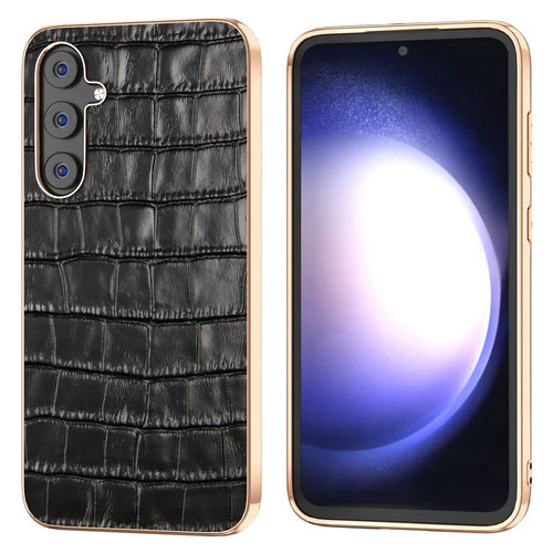 For Samsung Galaxy S23 FE Crocodile Texture Back Cover Anti-drop Genuine Cow Leather+PC+TPU Nano Electroplating Phone Case - Black - 1