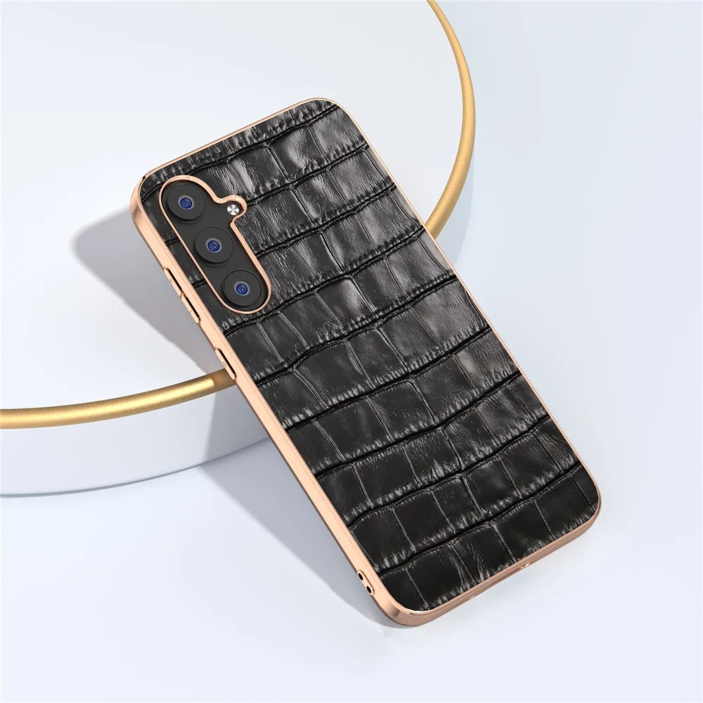 For Samsung Galaxy S23 FE Crocodile Texture Back Cover Anti-drop Genuine Cow Leather+PC+TPU Nano Electroplating Phone Case - Black - 2