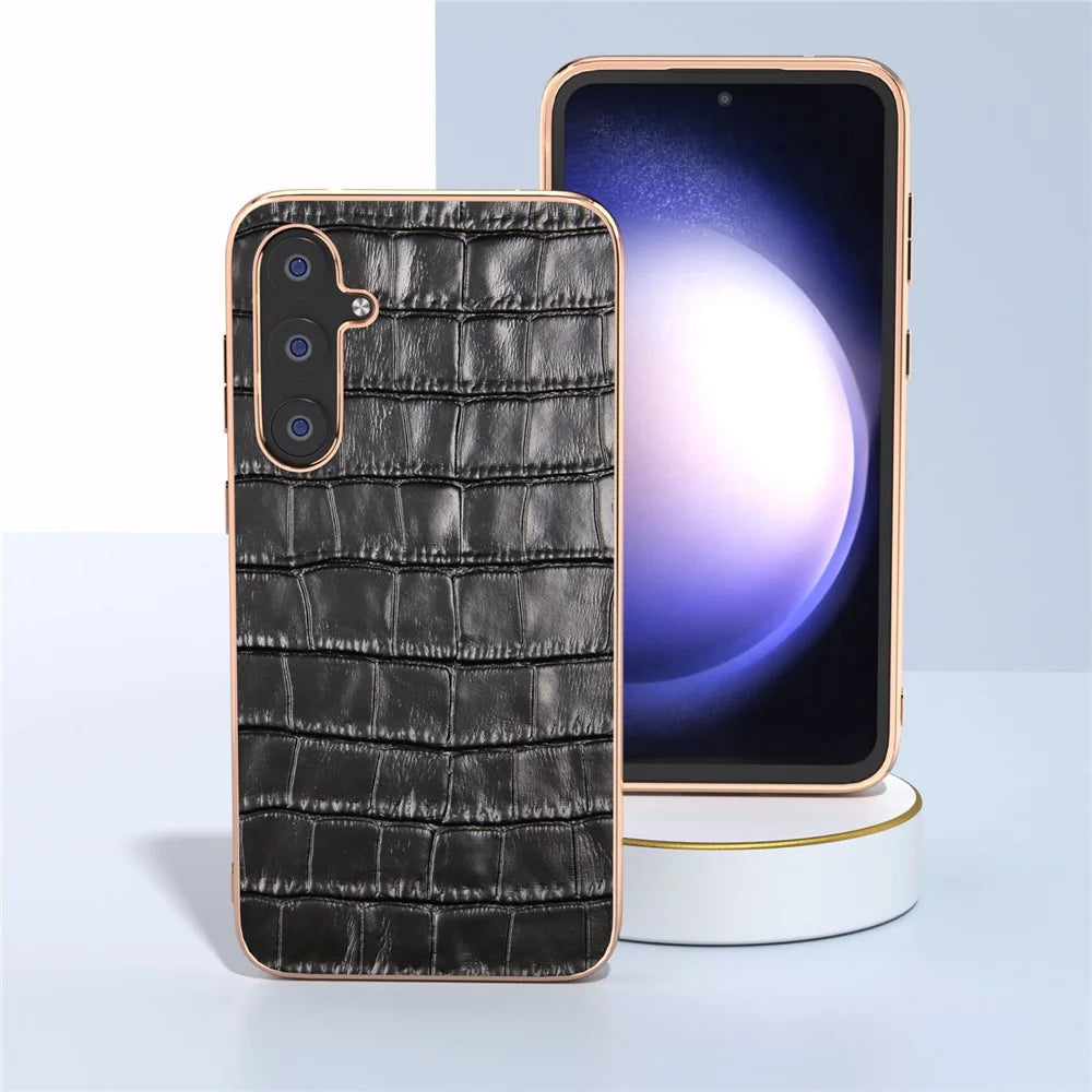 For Samsung Galaxy S23 FE Crocodile Texture Back Cover Anti-drop Genuine Cow Leather+PC+TPU Nano Electroplating Phone Case - Black - 4