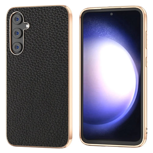For Samsung Galaxy S23 FE Litchi Texture Back Cover Nano Electroplating Genuine Cow Leather Coated TPU+PC Phone Case - Black - 1