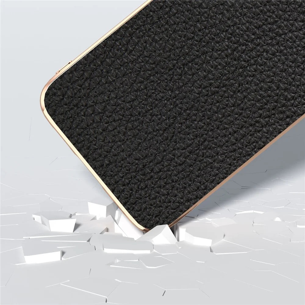For Samsung Galaxy S23 FE Litchi Texture Back Cover Nano Electroplating Genuine Cow Leather Coated TPU+PC Phone Case - Black - 3
